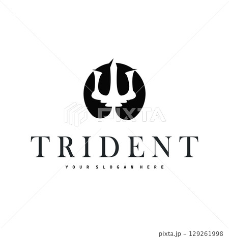 Trident logo weapon concept,  pitchfork weapon as a symbol of poseidon, neptune, the god of the sea, design illustration concept for product brand, shop, template and poster 129261998