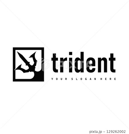 Trident logo weapon concept,  pitchfork weapon as a symbol of poseidon, neptune, the god of the sea, design illustration concept for product brand, shop, template and poster 129262002