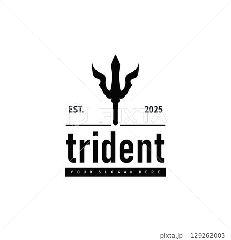 Trident logo weapon concept,  pitchfork weapon as a symbol of poseidon, neptune, the god of the sea, design illustration concept for product brand, shop, template and poster 129262003