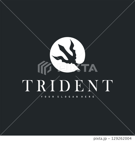 Trident logo weapon concept,  pitchfork weapon as a symbol of poseidon, neptune, the god of the sea, design illustration concept for product brand, shop, template and poster 129262004