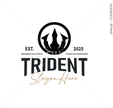 Trident logo weapon concept,  pitchfork weapon as a symbol of poseidon, neptune, the god of the sea, design illustration concept for product brand, shop, template and poster 129262016