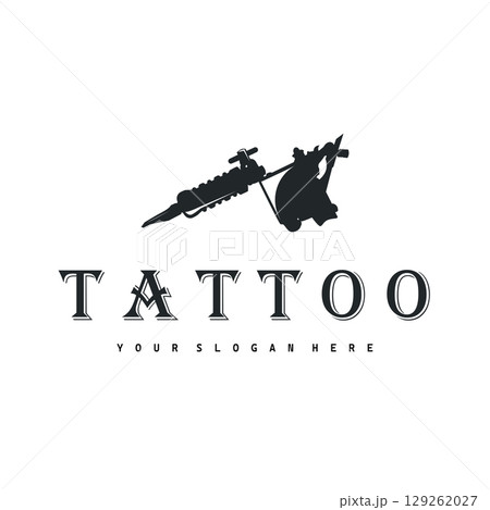 black silhouette illustration logo tattoo machine with vintage old retro minimalist concept template symbol tattoo studio design 129262027