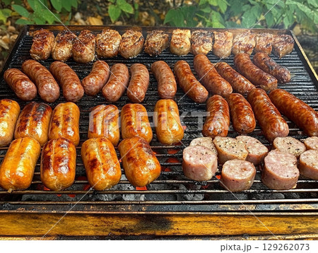 Grilled sausages and meats sizzling on barbecue grill with smoke rising 129262073