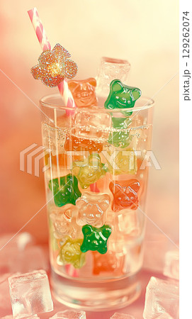 Colorful gummy bear drink in a glass filled with ice cubes and a straw 129262074