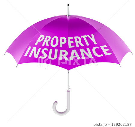 Property Insurance, pink umbrella. 3D rendering Property Insurance, pink umbrella. 3D rendering 129262187