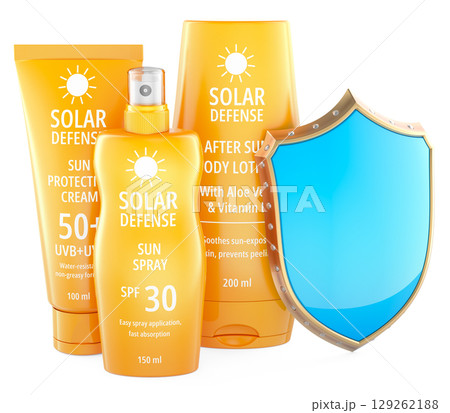 Solar Defense, sunscreen set with blue shield. 3D rendering 129262188