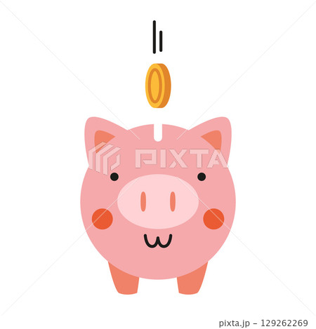Front view of piggy bank with coin dropping in, concept of saving money 129262269
