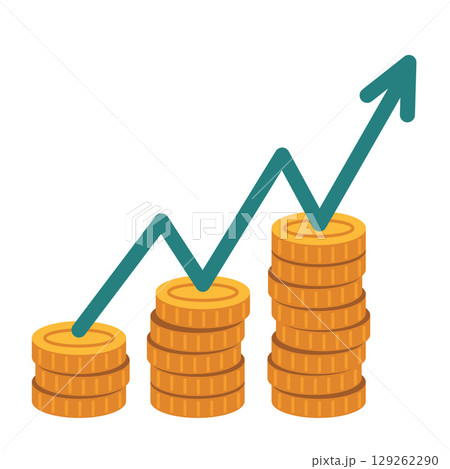 Financial growth chart with stack of gold coins, symbolizing profit, investment success and market uptrend. Modern vector illustration isolated on white background, hand drawn, flat design 129262290