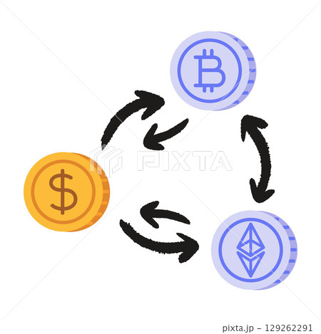 Cryptocurrency exchange icon with Bitcoin, Ethereum and dollar coins in a circular swap. Trendy modern vector illustration isolated on white background, hand drawn, flat design 129262291