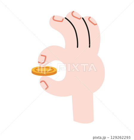 Hand holding coin, representing microtransactions, investments or savings. Trendy modern vector illustration isolated on white background, hand drawn, flat design 129262293