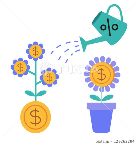 Watering flowers with money blossoms, symbolizing investment growth and interest returns. Trendy modern vector illustration isolated on white background, hand drawn, flat design 129262294