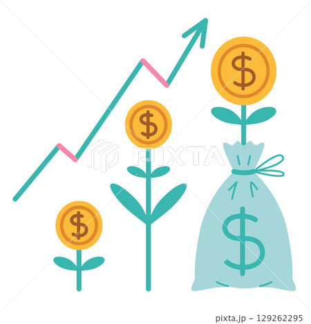 Growing plants with coins and rising chart, symbolizing income increase and financial prosperity. Trendy modern vector illustration isolated on white background, hand drawn, flat design 129262295