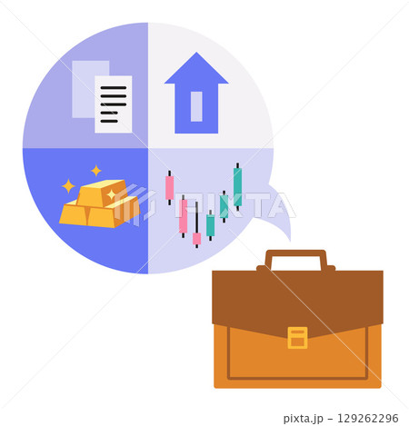 Investment portfolio concept with case and icons for real estate, stocks, gold and bonds. Asset diversification in the stock market. Vector illustration isolated on white, hand drawn, flat design 129262296