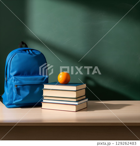 Blue backpack rests on a light wooden table beside a stack of four hardcover books. An orange sits atop the books. Back to school  129262483