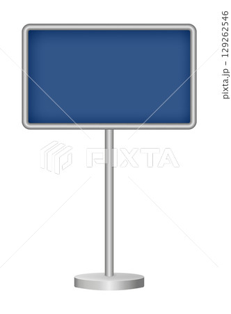 Navy blue signboard with metal pole isolated on a transparent background. 129262546