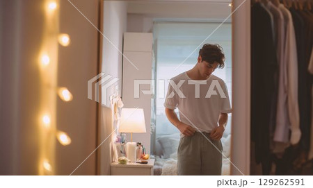 鏡の前でコーディネートを確認する若者 129262591