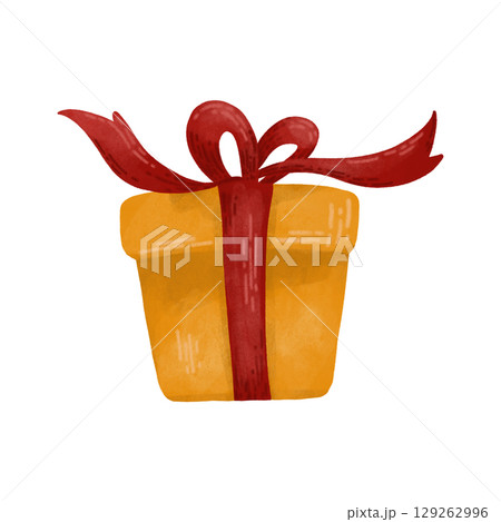 Gift box, festive watercolor illustration in yellow autumn colors. Design element for printing, children's prints, and decorations. 129262996