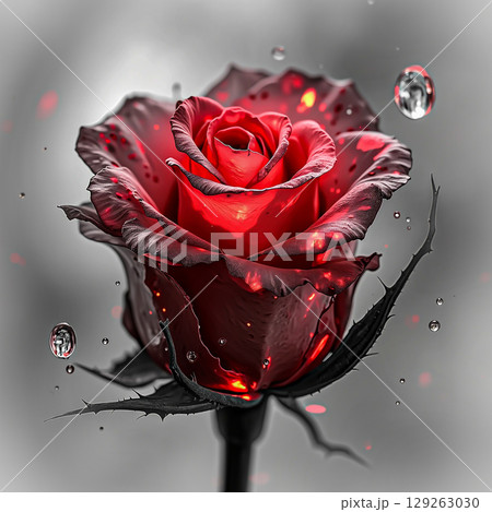 Red rose close-up. Isolated bright red rosebud and water drops. Red rose close-up. Isolated bright red rosebud and water drops. 129263030