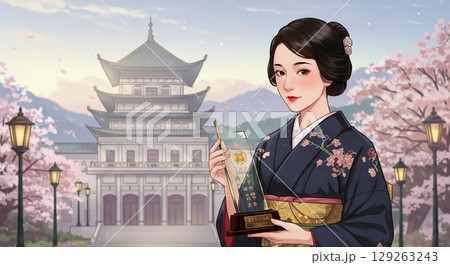 ノスタルジックな風景！大正ロマン風のイラストで描かれた街並み 129263243