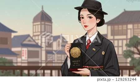 優しい光の街並み！大正ロマン風のイラストで描かれた都市 129263244