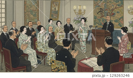 大正時代への旅!大正ロマン風のイラストで描かれた街並み 大正時代への旅!大正ロマン風のイラストで描かれた街並み 129263246