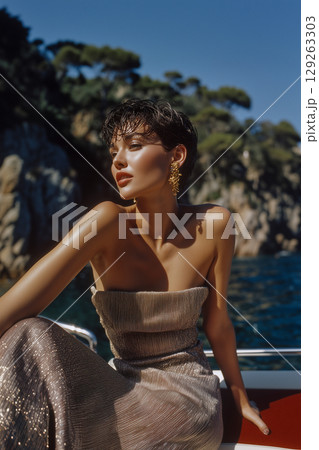 A woman in a gold dress is sitting on a boat in the water 129263303