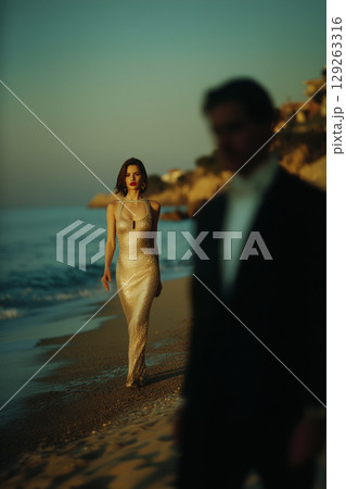 A woman in a gold dress walks on the beach with a man in a black suit behind her A woman in a gold dress walks on the beach with a man in a black suit behind her 129263316