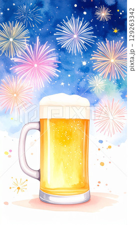 打上花火の下のジョッキに入った泡がもこもこの生ビール　水彩画風 129263342
