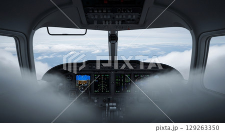 The cockpit shows an empty control area with instruments indicating an out-of-control aircraft. Clouds surround the plane, creating a sense of altitude and peril. 129263350