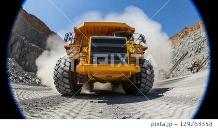 A large dump truck barrels forward with its tires spinning vigorously, sending clouds of dust into the air in a rocky quarry during bright daylight hours. 129263358