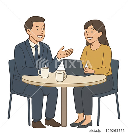 昼休みに同僚と笑顔で雑談する男女 129263553