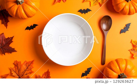 ハロウィン風オレンジ背景のボウル 129263627