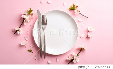 桜の花びらを背景にした春の白い丸皿 129263643