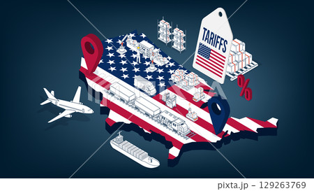 Rising US Import Tariffs affecting global logistics with planes, cargo ships, trucks, and trade routes representing economic conflict. Rising US Import Tariffs affecting global logistics with planes, cargo ships, trucks, and trade routes representing economic conflict. 129263769
