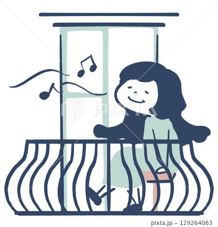 ベランダで鼻歌を歌う少女 129264063