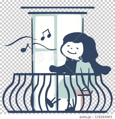 ベランダで鼻歌を歌う少女 129264063