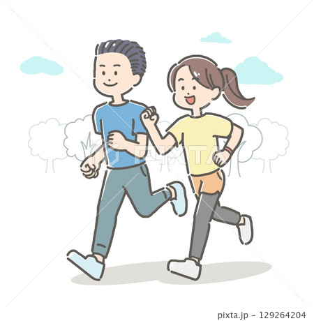 屋外でジョギングする若い男女カップルのイラスト 屋外でジョギングする若い男女カップルのイラスト 129264204
