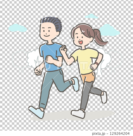 一對年輕夫婦在戶外慢跑的插圖 129264204
