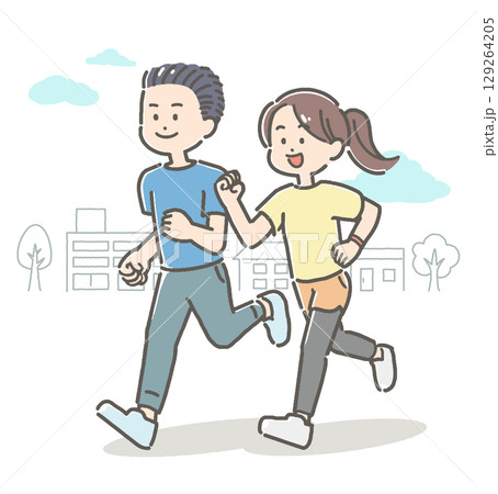 屋外でジョギングする若い男女カップルのイラスト 129264205