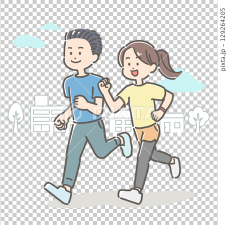 屋外でジョギングする若い男女カップルのイラスト 129264205