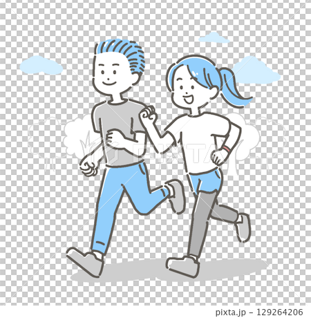 屋外でジョギングする若い男女カップルのイラスト 129264206