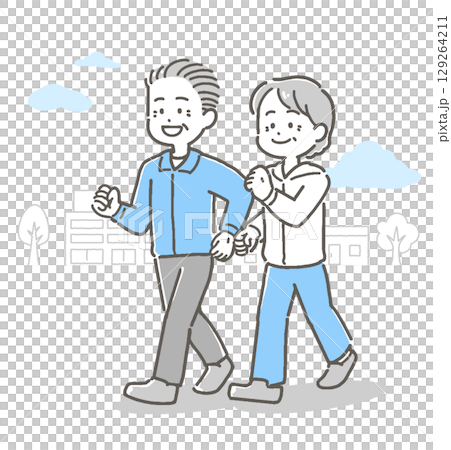 屋外をウォーキングするシニア男女カップルのイラスト 129264211
