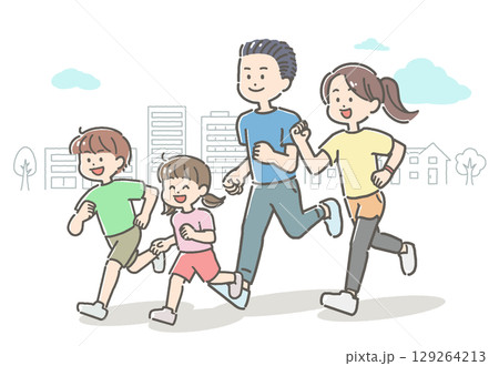町中でジョギングするファミリーのイラスト 129264213