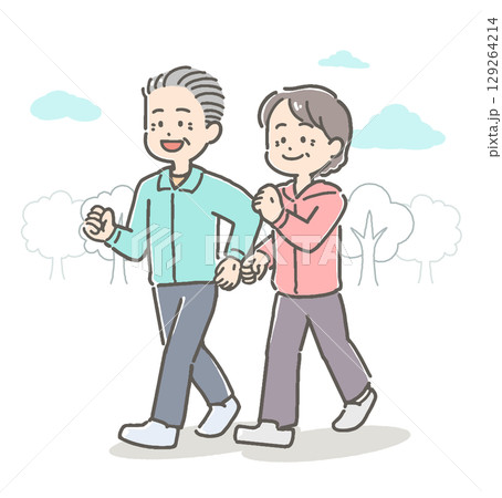 屋外をウォーキングするシニア男女カップルのイラスト 129264214