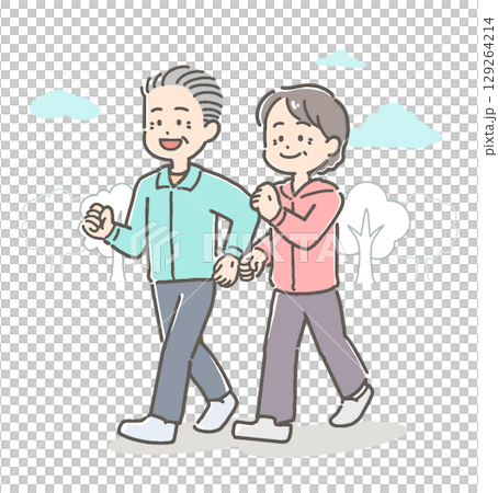 一對老年夫婦在戶外散步的插圖 129264214