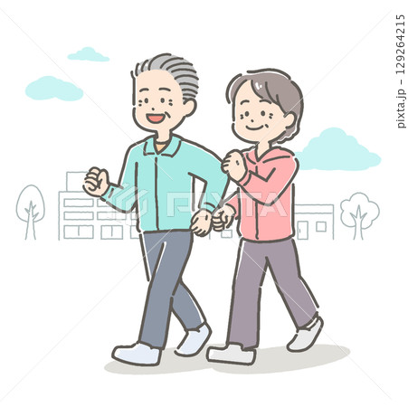 屋外をウォーキングするシニア男女カップルのイラスト 129264215
