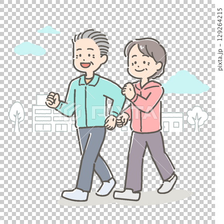 Illustration of a senior couple walking outdoors 129264215