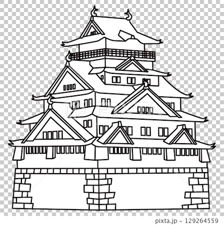 日本城堡大阪城堡插圖圖像單色線條畫 日本城堡大阪城堡插圖圖像單色線條畫 129264559
