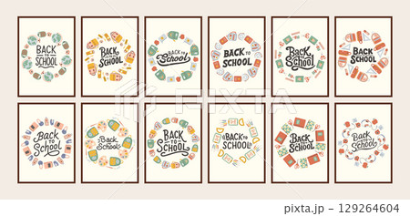 Back to school simple poster big set. Trendy school banners, backgrounds. Modern design with school supplies, education stickers, doodle. Back to school, college, study concept. 129264604