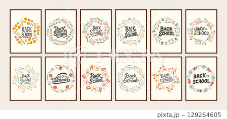 Back to school simple poster big set. Trendy school banners, backgrounds. Modern design with school supplies, education stickers, doodle. Back to school, college, study concept. 129264605